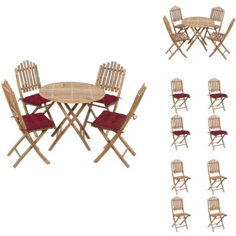 5-tlg. Garten-Essgruppe mit Kissen Klappbar Bambus - Bambus Möbel - Gartentisch - Gartenstühle - Esstisch - Esszimmerset
