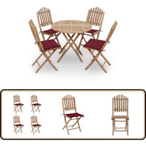 5-tlg. Garten-Essgruppe mit Kissen Klappbar Bambus - Bambus Möbel - Gartentisch - Gartenstühle - Esstisch Set - Outdoor Essbereich
