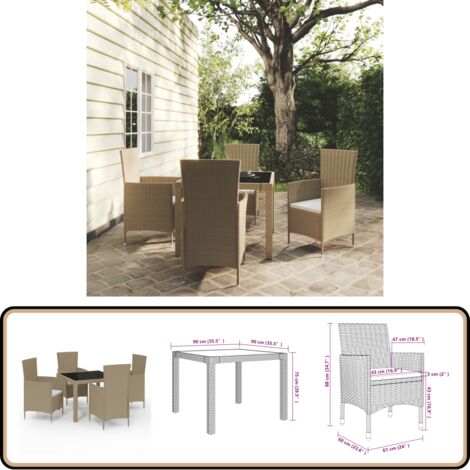 5-tlg. Garten-Essgruppe mit Kissen Poly Rattan Beige - Gartengarnituren - Gartenmöbel Set - Outdoor Esstisch - Rattan Gartenstuhl - Balkonmöbel
