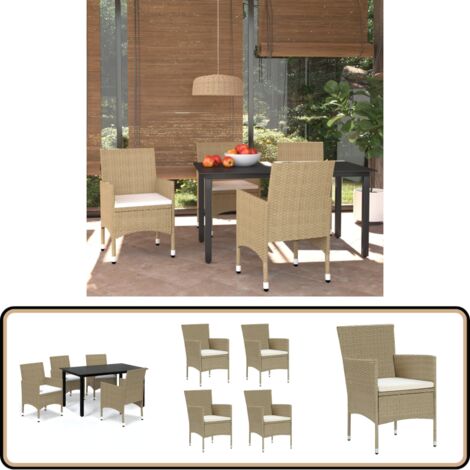 5-tlg. Garten-Essgruppe mit Kissen Poly Rattan Beige - Gartensessel - Gartenstuhl - Outdoor Möbel - Balkonmöbel - Terrassengestaltung