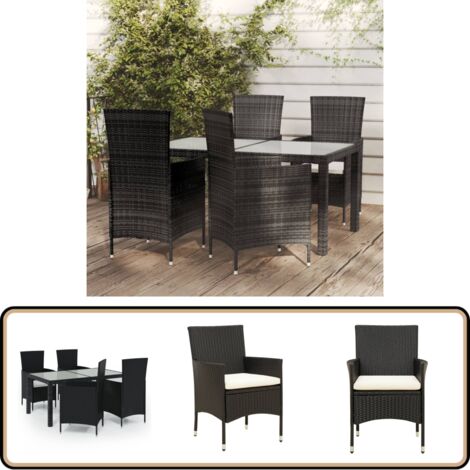 5-tlg. Garten-Essgruppe mit Kissen Poly Rattan Schwarz - Gartengarnituren - Gartenmöbel Set - Outdoor Esstisch - Rattan Gartenmöbel - Balkonmöbel