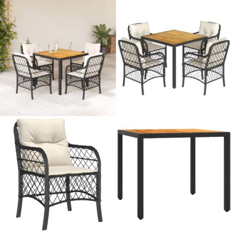 5-tlg. Garten-Essgruppe mit Kissen Schwarz Poly Rattan - Gartenessgruppe - Sitzkissen