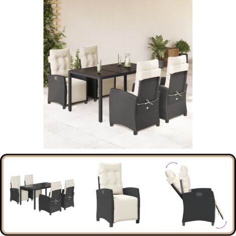 5-tlg. Garten-Essgruppe mit Kissen Schwarz Poly Rattan - Gartengestelle - Gartenmöbelset - Outdoor Möbel - Esstisch - Gartenstühle