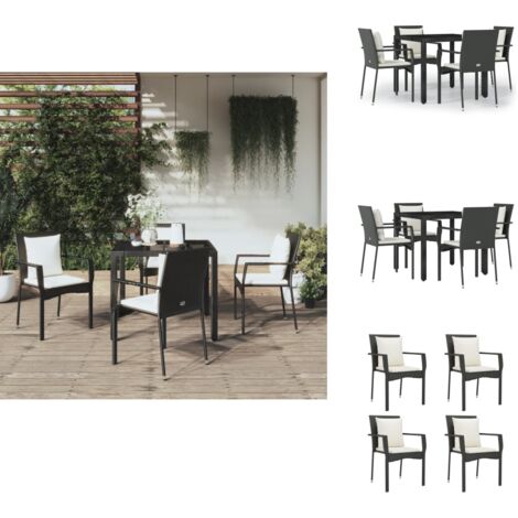 5-tlg. Garten-Essgruppe mit Kissen Schwarz Poly Rattan - Gartensessel - Gartentisch - Gartenmöbelset - Outdoor Möbel - Rattan Gartenmöbel