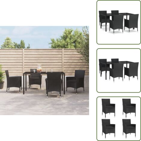 5-tlg. Garten-Essgruppe mit Kissen Schwarz Poly Rattan - Gartensessel - Gartentisch - Outdoor Möbel - Gartenmöbel Set - Polyrattan Gartenmöbel