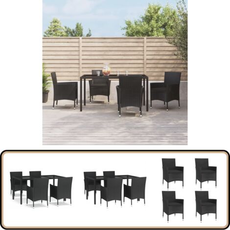 5-tlg. Garten-Essgruppe mit Kissen Schwarz Poly Rattan - Gartensessel - Gartentisch - Outdoor Möbel - Gartenmöbel Set - Polyrattan Gartenmöbel