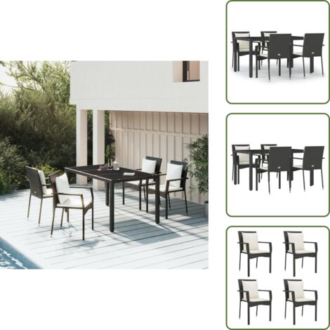 5-tlg. Garten-Essgruppe mit Kissen Schwarz Poly Rattan - Gartensessel - Gartentisch - Outdoor Möbel - Gartenmöbeln - Rattan Gartenmöbel