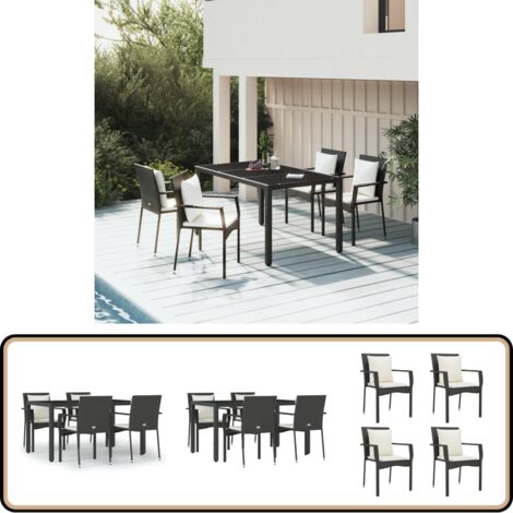 5-tlg. Garten-Essgruppe mit Kissen Schwarz Poly Rattan - Gartensessel - Gartentisch - Outdoor Möbel - Gartenmöbeln - Rattan Gartenmöbel