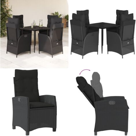 5-tlg. Garten-Essgruppe mit Kissen Schwarz Poly Rattan - Gartenstuhl - Gartentisch