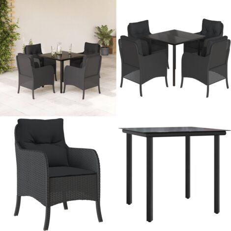 5-tlg. Garten-Essgruppe mit Kissen Schwarz Poly Rattan - Gartenstuhl - Gartentisch