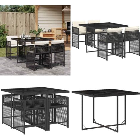 5-tlg. Garten-Essgruppe mit Kissen Schwarz Poly Rattan - Gartentisch - Gartenmöbelset - Outdoor Möbel - Esstisch - Gartenstühle - Home & Living