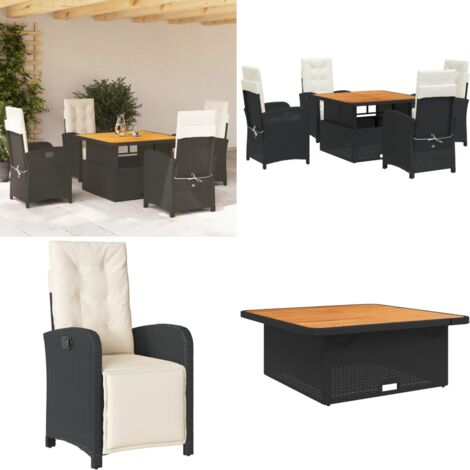 5-tlg. Garten-Essgruppe mit Kissen Schwarz Poly Rattan - Gartentisch - Sitzkissen
