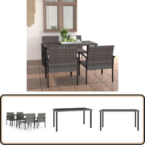5-tlg. Garten-Essgruppe Poly Rattan Grau - Garten Essgruppe - Outdoor Esstisch - Rattan Gartenmöbel - Gartenstuhl - Balkonmöbel