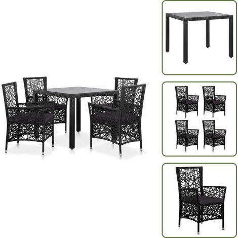 5-tlg. Garten-Essgruppe Poly Rattan Schwarz - Gartentisch - Esszimmergarnitur - Outdoor-Möbel - Gartenstuhl - Rattanmöbel