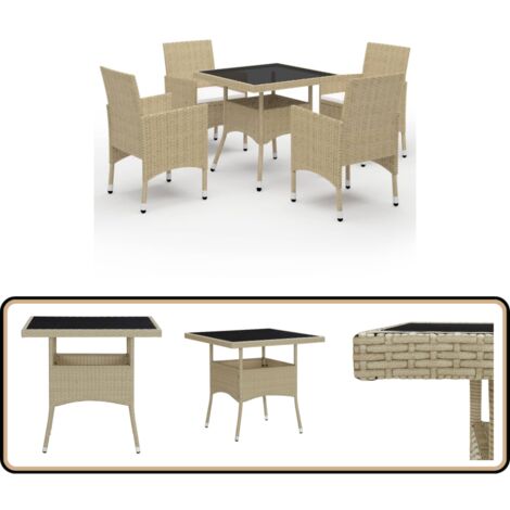 5-tlg. Garten-Essgruppe Poly Rattan und Glas Beige - Gartenmöbel - Essgruppe - Rattan Tisch - Outdoor Küche - Gartentisch