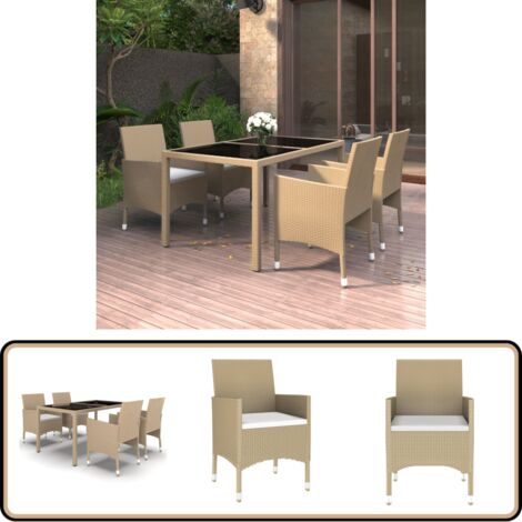 5-tlg. Garten-Essgruppe Poly Rattan und Hartglas Beige - Gartengruppe - Esstisch - Gartentisch - Rattan Möbel - Outdoor Möbel
