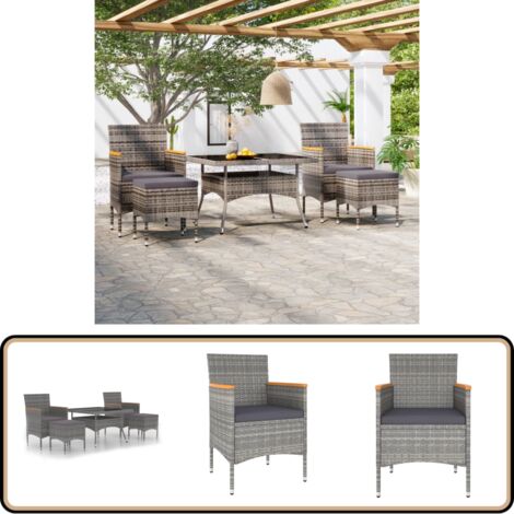 5-tlg. Garten-Essgruppe Poly Rattan und Hartglas Grau - Gartengarnitur - Esstisch - Gartensessel - Outdoormöbel - Gartenset
