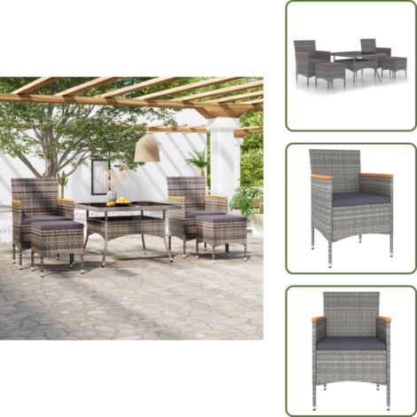 5-tlg. Garten-Essgruppe Poly Rattan und Hartglas Grau - Gartengarnitur - Esstisch - Gartensessel - Outdoormöbel - Gartenset