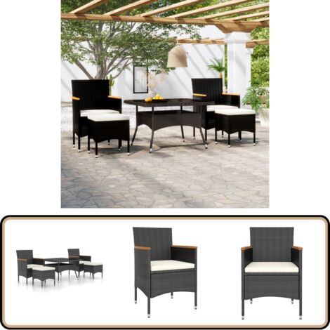 5-tlg. Garten-Essgruppe Poly Rattan und Hartglas Schwarz - Gartengarnitur - Outdoor-Set - Esstisch - Gartentisch - Gartenstühle