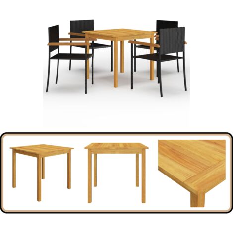 5-tlg. Garten-Essgruppe Schwarz - Gartenmöbel - Essgruppe - Holztisch - Rattanstuhl - Outdoor Möbel