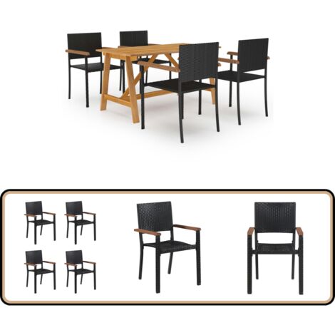 5-tlg. Garten-Essgruppe Schwarz - Gartensessel - Gartentisch - Outdoor Möbel - Holztisch - Rattanstuhl