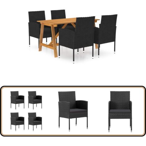 5-tlg. Garten-Essgruppe Schwarz - Gartensessel - Gartentisch - Outdoor Möbel - Holztisch - Rattanstuhl