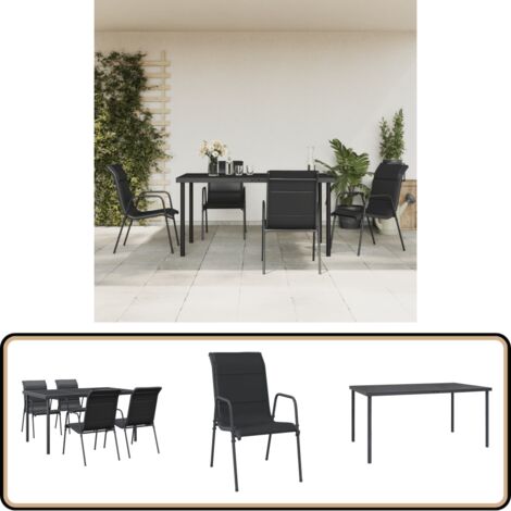 5-tlg. Garten-Essgruppe Schwarz Stahl und Textilene - Gartenmöbel Set - Esstisch - Gartenstuhl - Outdoor Möbel - Balkonmöbel