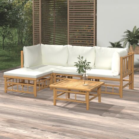 5-tlg. Garten-Lounge-Set Gartenmöbel Set Sitzgruppe Essgruppe mit Cremeweißen Kissen Bambus DE70693