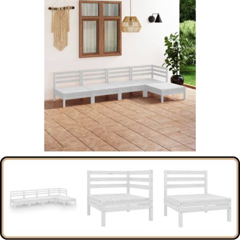 5-tlg. Garten-Lounge-Set Massivholz Kiefer Weiß - Outdoor Lounge Set - Gartenmöbel - Rattan Möbel - Kiefernholzmöbel - Garten Sofa Set