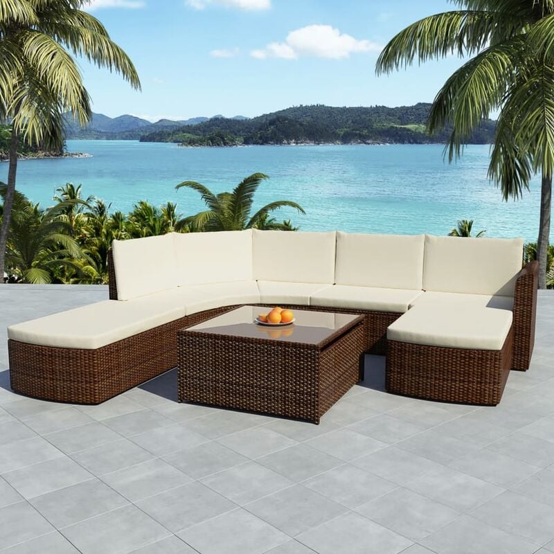 5tlg. GartenLoungeSet mit Auflagen Poly Rattan Braun