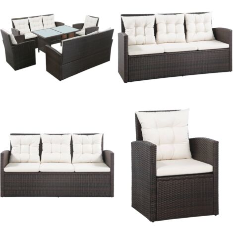 5-tlg. Garten-Lounge-Set mit Auflagen Poly Rattan Braun - Outdoor Möbel - Gartenmöbel - Lounge Set - Rattan Sofa - Esstisch - Home & Living
