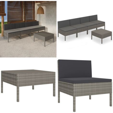 5-tlg. Garten-Lounge-Set mit Auflagen Poly Rattan Grau - Gartenloungesessel - Loungeset - Gartenmöbel - Outdoormöbel - Rattanmöbel - Home & Living