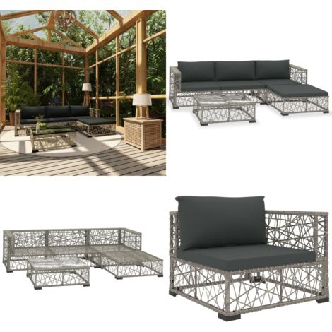 5-tlg. Garten-Lounge-Set mit Auflagen Poly Rattan Grau - Gartenloungeset - Rattan Gartenmöbel - Outdoor Wohnzimmer - Sitzgarnitur - Gartenmöbel Set - Home & Living
