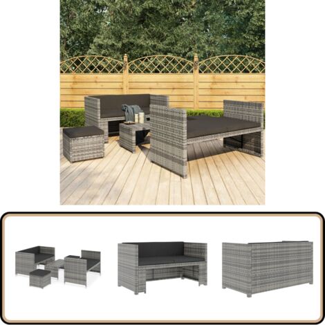 5-tlg. Garten-Lounge-Set mit Auflagen Poly Rattan Grau - Gartensofa - Loungemöbel - Gartenmöbel-Set - Outdoor Möbel - Rattan Gartenmöbel