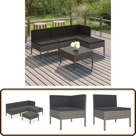 5-tlg. Garten-Lounge-Set mit Auflagen Poly Rattan Grau - Gartensorgafurniture - Loungemöbel - Gartenloungeset - PE-Rattan - Outdoormöbel