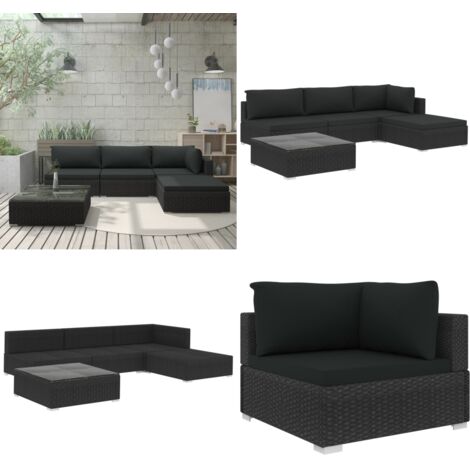 5-tlg. Garten-Lounge-Set mit Auflagen Poly Rattan Schwarz - Terrassensofa - Rattan
