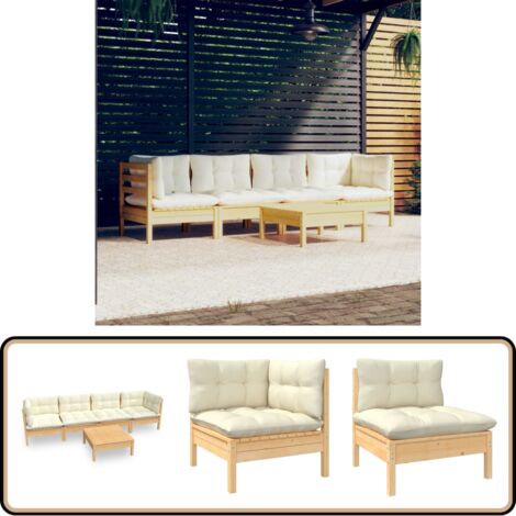 5-tlg. Garten-Lounge-Set mit Creme Kissen Kiefer Massivholz - Garten Lounge Set - Kiefernholzmöbel - Outdoor Möbel - Gartentisch - Gartenstuhl