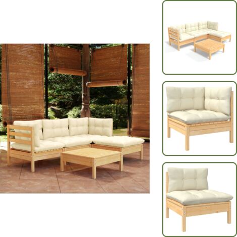 5-tlg. Garten-Lounge-Set mit Creme Kissen Kiefernholz - Garten Lounge Set - Kiefernholz Möbel - Outdoor Möbel - Loungesessel - Gartengeräte