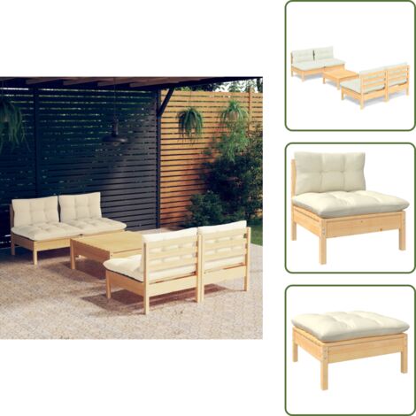 5-tlg. Garten-Lounge-Set mit Creme Kissen Kiefernholz - Gartensaison - Gartenmöbeln - Loungeset - Outdoor Möbel - Rattan Sessel