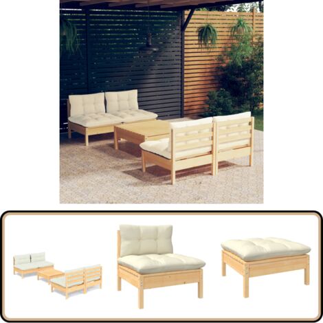 5-tlg. Garten-Lounge-Set mit Creme Kissen Kiefernholz - Gartensaison - Gartenmöbeln - Loungeset - Outdoor Möbel - Rattan Sessel