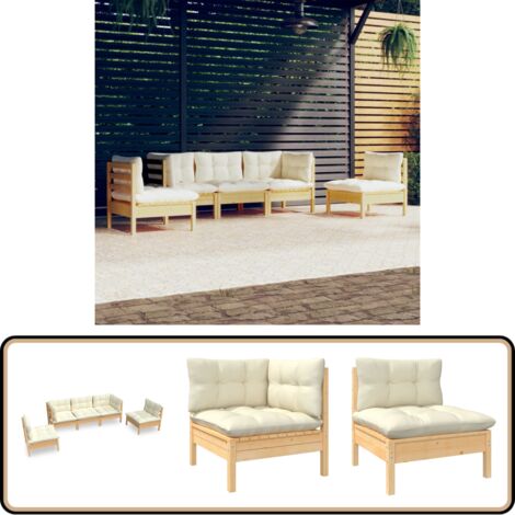 5-tlg. Garten-Lounge-Set mit Creme Kissen Massivholz Kiefer - Garten Lounge Set - Kiefernholzmöbel - Outdoor Möbel - Gartenzubehör - Loungemöbel