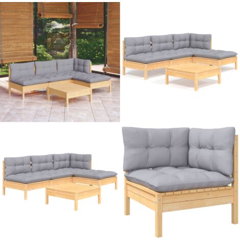 5-tlg. Garten-Lounge-Set mit Grauen Kissen Kiefernholz - Garten Lounge Set - Kiefernholz Möbel - Outdoor Möbel - Loungemöbel - Gartenmöbel - Home & Living