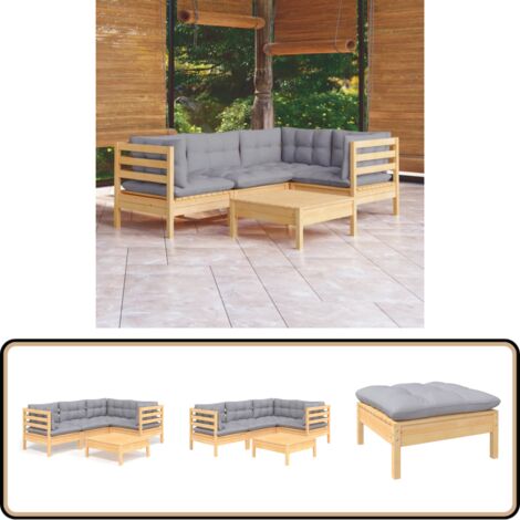 5-tlg. Garten-Lounge-Set mit Grauen Kissen Kiefernholz - Gartenmöbeln - Lounge Set - Outdoor Möbel - Gartenmöbel Set - Kiefernholz