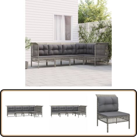 5-tlg. Garten-Lounge-Set mit Kissen Grau Poly Rattan - Garten Möbel - Loungesessel - Outdoor Möbel - Garten Lounge Set - Rattan Möbel