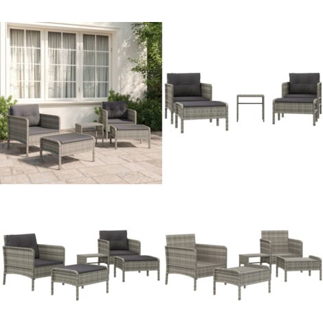 5-tlg. Garten-Lounge-Set mit Kissen Grau Poly Rattan - Gartenloungeset - Outdoor Möbel - Loungesessel - Gartentisch - Rattanmöbel - Home & Living
