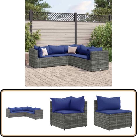 5-tlg. Garten-Lounge-Set mit Kissen Grau Poly Rattan - Gartensets - Loungeset - Gartenmöbel - Rattan Möbel - Outdoor Möbel