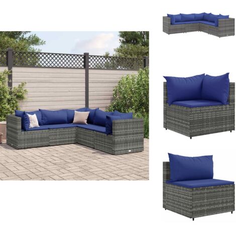 5-tlg. Garten-Lounge-Set mit Kissen Grau Poly Rattan - Gartensets - Loungeset - Gartenmöbel - Rattan Möbel - Outdoor Möbel