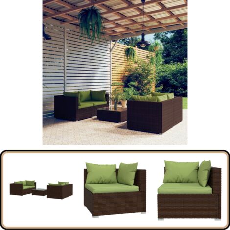 5-tlg. Garten-Lounge-Set mit Kissen Poly Rattan Braun - Gartensofa - Lounge Set - Outdoor Möbel - Rattan Gartenmöbel - Gartenmöbel Set