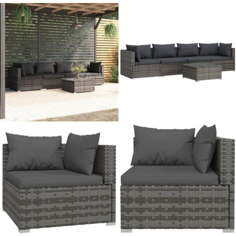 5-tlg. Garten-Lounge-Set mit Kissen Poly Rattan Grau - Gartensitzgruppe - Lounge Set - Gartenmöbeln - Outdoor Möbel - Rattan Gartenmöbel - Home & Living