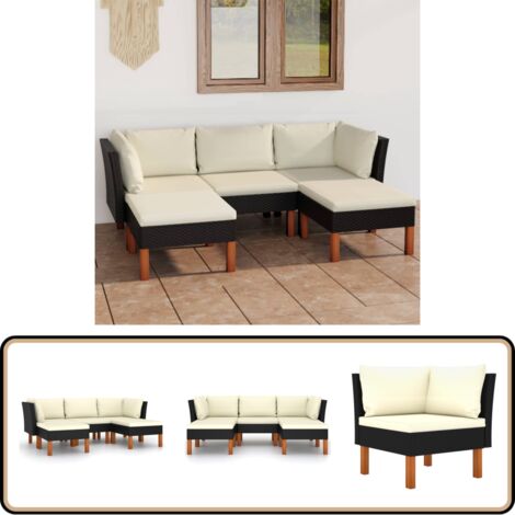 5-tlg. Garten-Lounge-Set mit Kissen Poly Rattan Schwarz - Gartensonnenliege - Gartenloungesessel - Outdoor Möbel - Gartenmöbel Set - Rattan Gartenmöbel